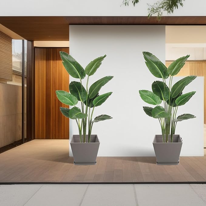 Kozyard 2Packs Taper Planter Indoor Outdoor Plant Pots with Tray Collecting Water for Porch, Patio, Backyard Planters Modern Décor for Tall Plants Flowers GrayishBrown