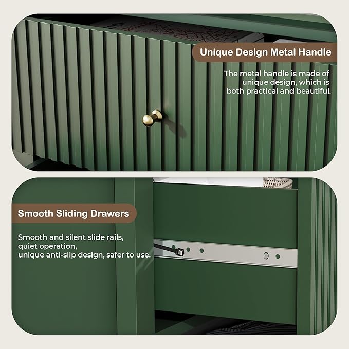 Green Dresser for Bedroom, 6 Drawers Fluted Chest of Drawers with Storage, Modern Wide Storage Dresser with Paint Design, Wood Drawer Organizer Green Dressers for Hallway, Entryway