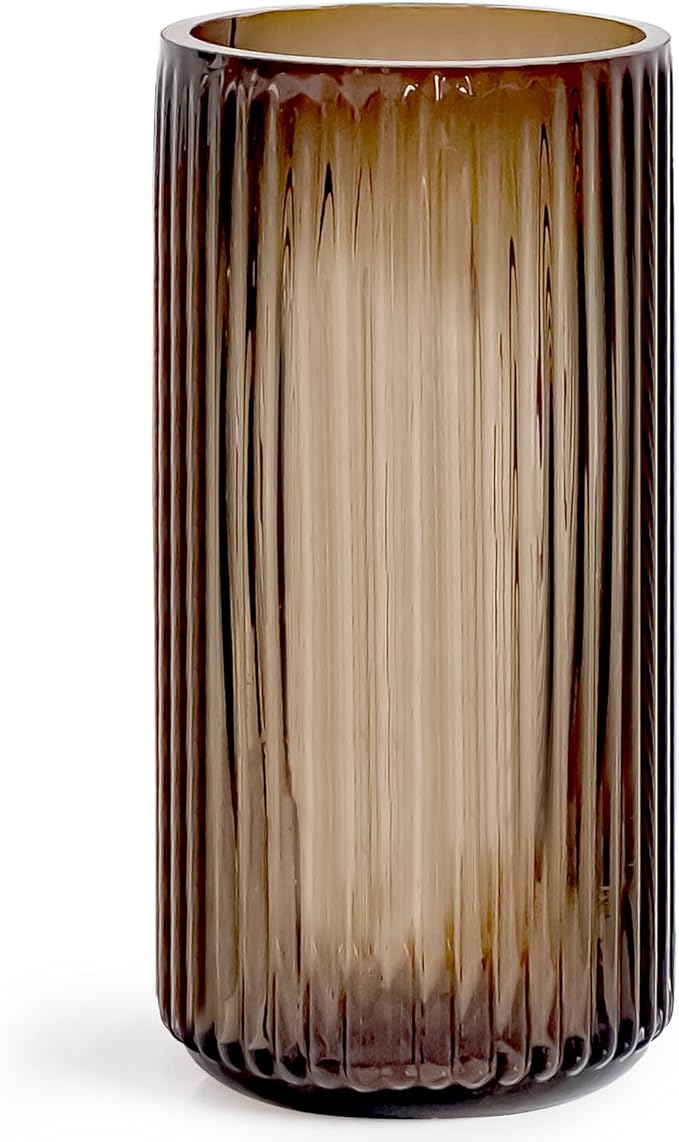 Muyan 9.8" Flower Vase for Decor Ribbed Glass Vase Modern for Centerpieces Desktop Home Office Dining Living Room Wedding (Amber)