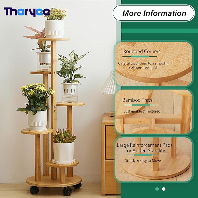 5 Tier Plant Stand Indoor, Wood Plant Shelf Corner Display Rack with Wheels, Multiple Plants Ladder Holder for Living Room Balcony Bedroom Garden Patio (Wood Color, 5 Tier)