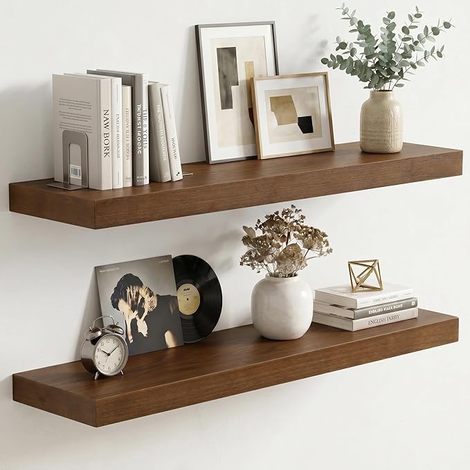 fuqing Wood Floating Shelves | 24 Inch Floating Shelves for Wall Set of 2 | 24" W x 6.7" D x 1.4" H Rustic Walnut Shelves for Bathroom Living Room Bedroom Kitchen
