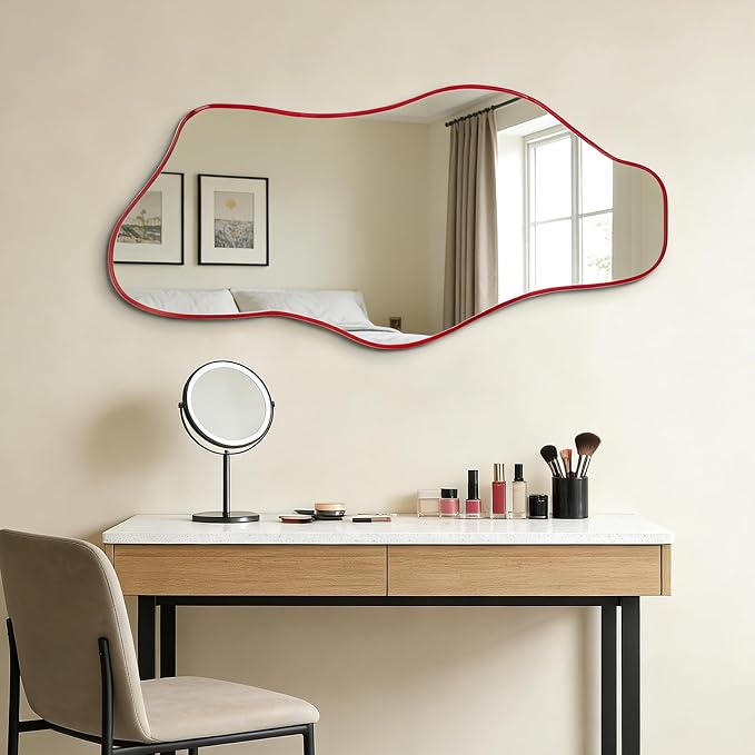 Irregular Wall Mirror, 47.2"x24" Asymmetrical Tempered Glass Mirror, Frameless Organic Shaped Mirrors for Entryway Bedroom Living Room Bathroom, Horizontal or Vertical Hanging ﻿