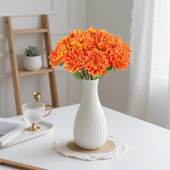 IPOPU Orange Chrysanthemum Artificial Flowers 10pcs Fake Mums 13inch Faux PU Dahlia Flower Dahlia Flower with Stem for Home Wedding Office Table Centerpiece Floral Arrangement Decor(Orange)