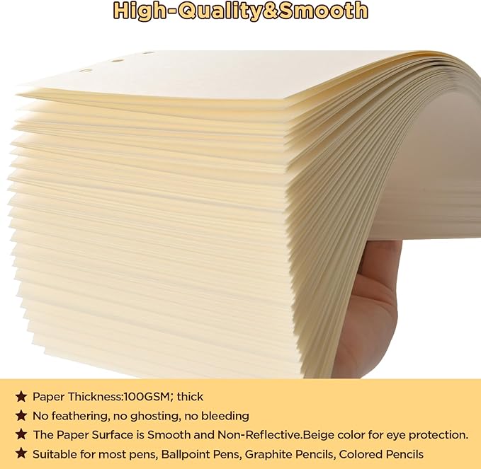 A5 6-Hole Blank Loose-Leaf Paper, Beige – Refill Pages for Standard A5 6-Ring Binder, Journals, Planners – Writes both sides – no bleed-through – 80 Sheets