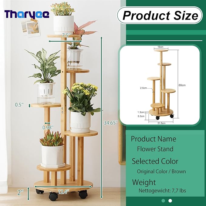 5 Tier Plant Stand Indoor, Wood Plant Shelf Corner Display Rack with Wheels, Multiple Plants Ladder Holder for Living Room Balcony Bedroom Garden Patio (Wood Color, 5 Tier)