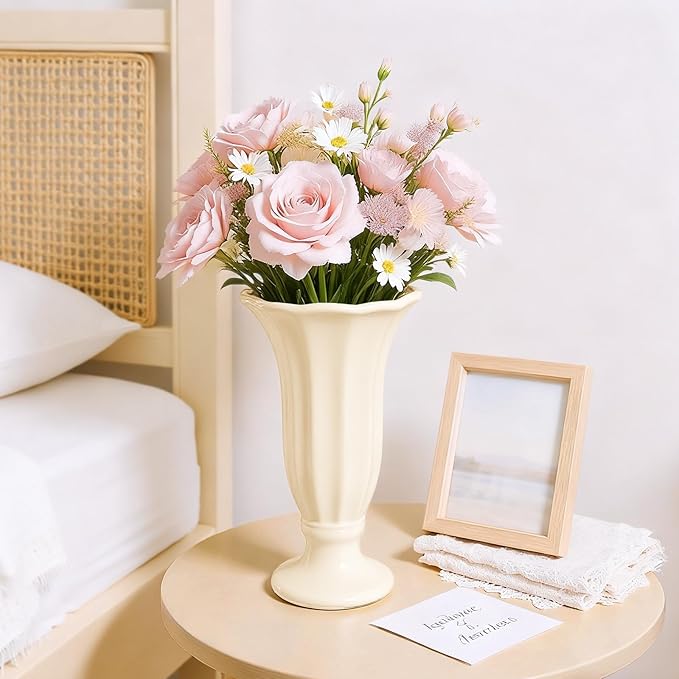 10 Inch Minimalist Fluted Ceramic Vase for Flowers, Farmhouse Cream White Flower Vase with Pedestal Base, Tall Decorative Vases for Home Decor, Living Room, Dining Table, Centerpiece, Wedding