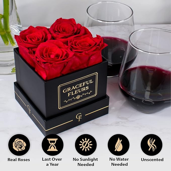 Graceful Fleurs | Real Long Lasting Roses for Years | Preserved Fresh Flowers for Delivery Birthday | Birthday Gifts for Women | Forever Roses in a Box (Red, Black Box, 4 Roses)