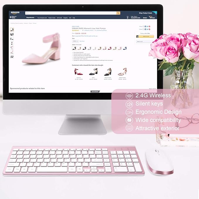 FENIFOX Keyboard and Mouse Wireless, USB 2.4GHz Combo Silent Quiet Low Profile Compact Full Size Flat Slim Thin Portable with Number Pad Soft Cover for PC Laptop Computer Office - Pink & Rose Gold