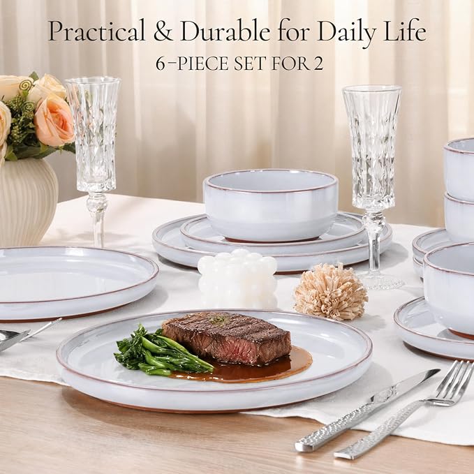 E-far Stoneware Dinnerware Sets for 2, 6 Pieces Reactive Glaze Plates and Bowls Sets, Elegant Dishes with Rustic Terracotta Base, Dishwasher & Microwave Safe, Scratch Resistant, Glacier White