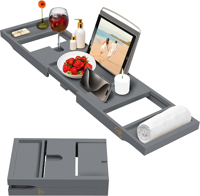 Gray Bathtub Tray for Tub - Grey Bamboo Bath Tray, Expandable Wooden Bath Caddy Tray with Wine Holder, Book and Tablet Stand, Bathroom Accessories, Tub Table, Bridal Shower Gifts for Women