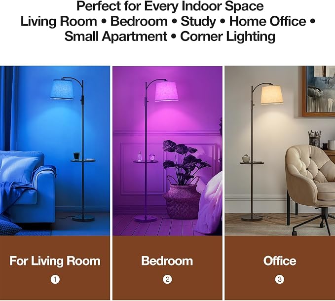 AIDENOEY Smart Floor Lamp with Side Table | Stepless Dimming, RGB Multi-Color | Adjustable Swivel Head | Voice Control with Alexa & Google Assistant |Brown Lamp for Living Room,Bedroom,Home Office