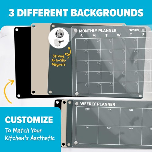 Skiennix Acrylic Calendar for Fridge - Magnetic Dry Erase Planning Board Set | 2-Piece with 6 Chalk Markers & 3 Backgrounds