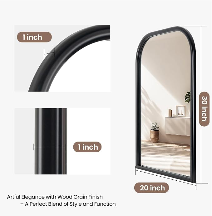 20"x30" Arch Wall Mirror Bathroom Mirror for Wall Mounted, Tempered Glass, Wood Grain Finish Frame Wall Mirror Decorative for Living Room Bedroom Entryway, Black
