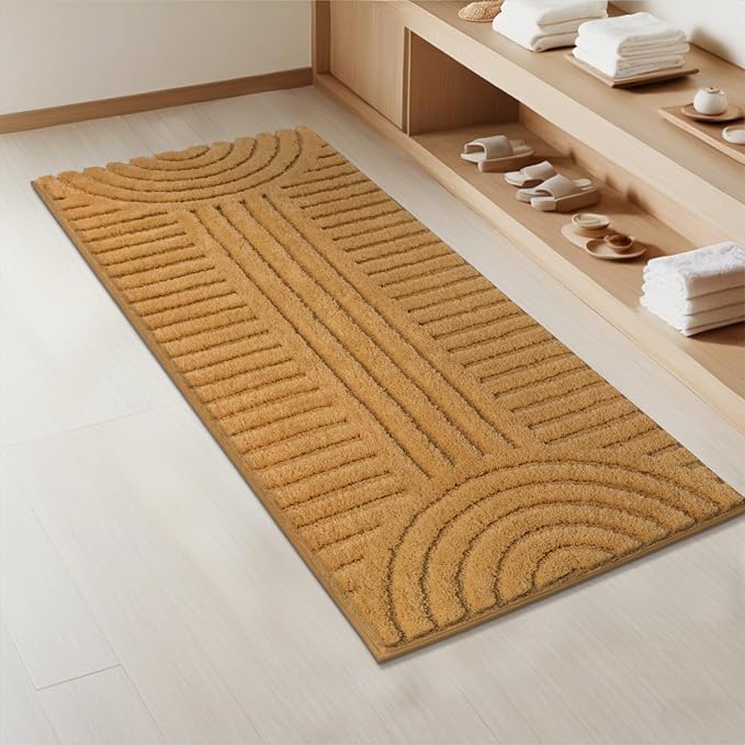 SHACOS Super Soft Bathroom Runner Rugs 24"x60" Non Slip Boho Bathroom Mats Microfiber Absorbent Carpet for Bath Room Machine Washable Shaggy Bath Rugs for Shower Bathtub Home Decor, Mustard 2'x5'
