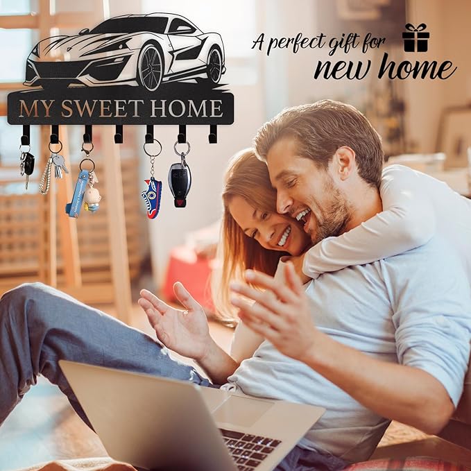 Personalized Metal Key Holder Wall Mount with Hooks, Decorative Car Design Key Hanger for Front Door, Entryway, Hallway, Office