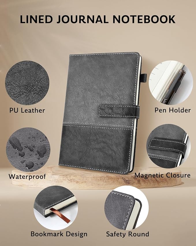 HULIPARK Leather Notebook Journal with Pen, A5 Lined Hardcover Notebook with Magnetic Closure, 240 Pages Daily Journal for Men Women, Ruled Journals Notebooks for Work, Writing, Note Taking - Black