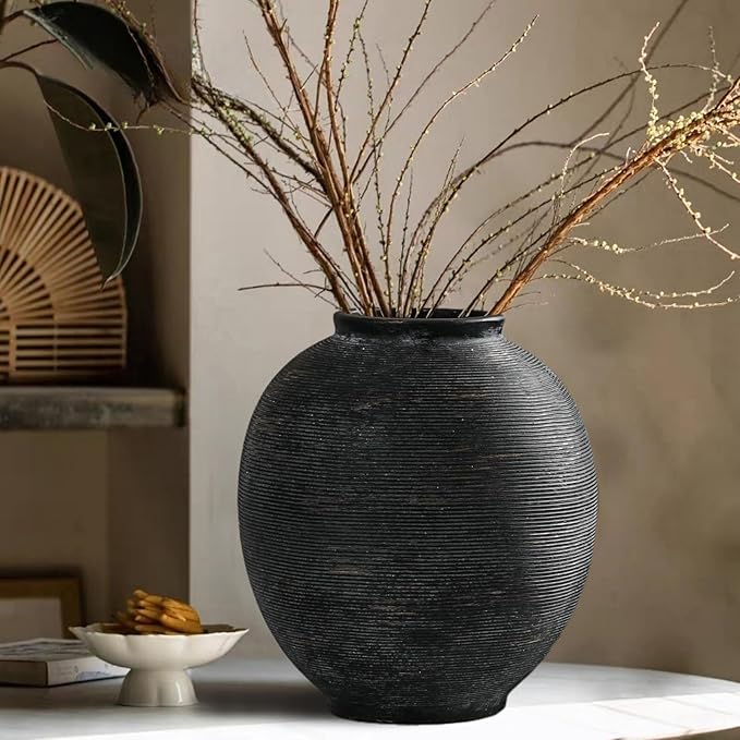 Black Round Ceramic Vase, 9.8 inch Large Textured Flower Vase,Minimalist Rustic Farmhouse Decor for Home, Living Room, Shelf, Table, Bathroom & Entryway Decoration (Black Bronze)