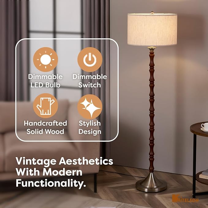 Mid Century Floor Lamp with Linen Drum Shade - Dimmable Tall Standing Lamp, Rustic Wooden Retro Lamp for Living Room Bedroom Office Corner, Walnut Brown, Adjustable Stepless Dimming