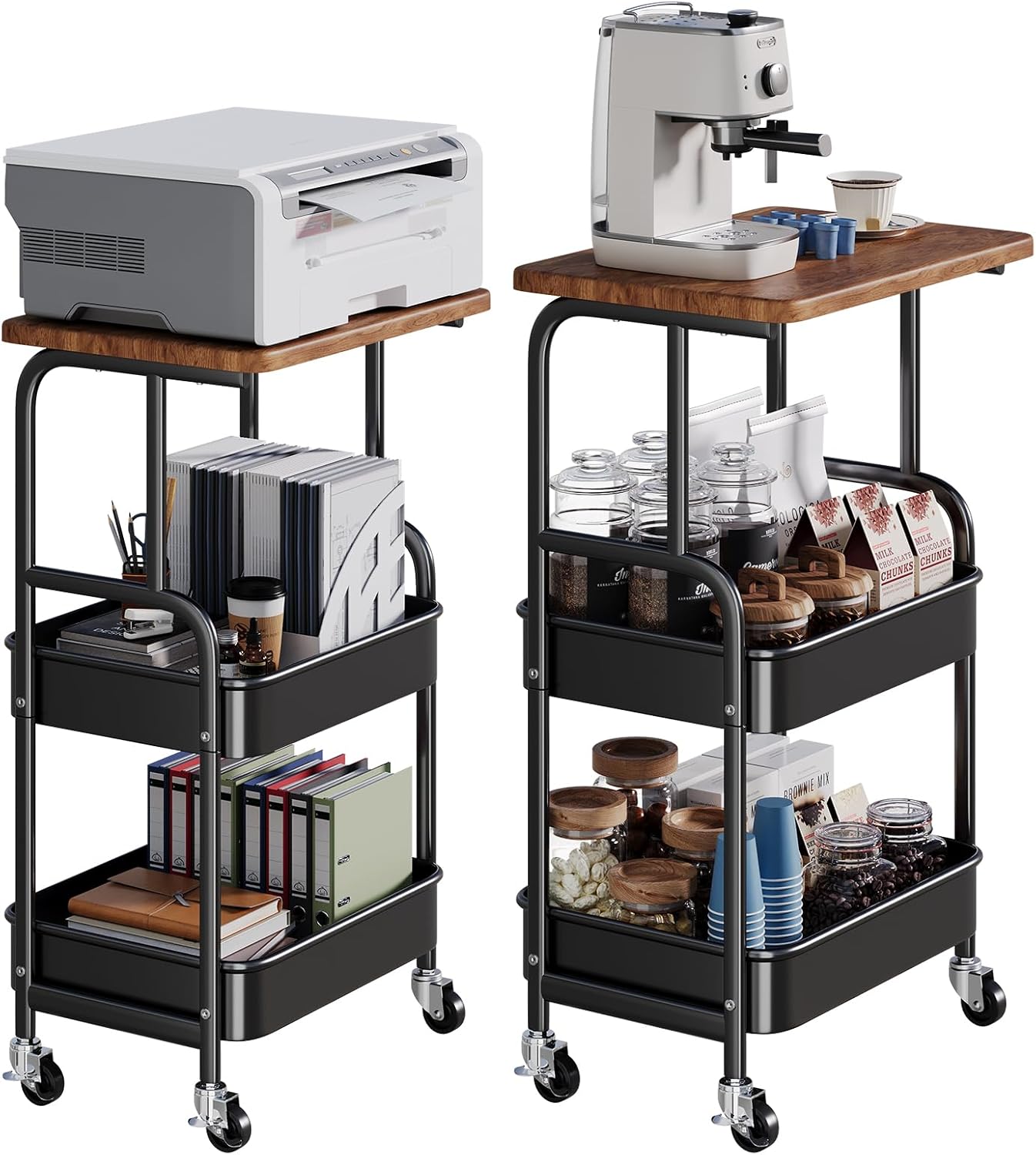 Skiennix Printer Stand - 3-Tier Rolling Cart with Wood Top & Storage Shelf | Mobile Utility for Office & Craft
