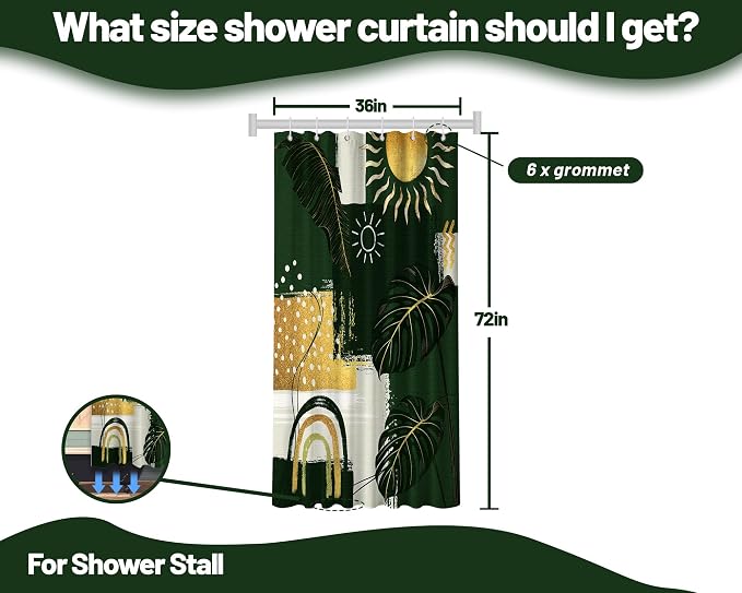 Small Stall Narrow Green and Gold Shower Curtain Bohemian Stand Up Abstract Shower Curtains for Rv Camper Bathroom Decor Sets, Waterproof Cloth Fabric with Hooks, 36 x 72 Inch