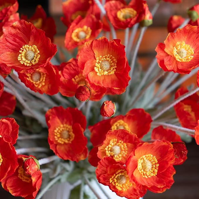Artificial Flowers 6 Stems Poppy Silk Bouquet,for Wedding, Home, Party Decoration,Table Centerpiece Arrangement(Dark Orange)