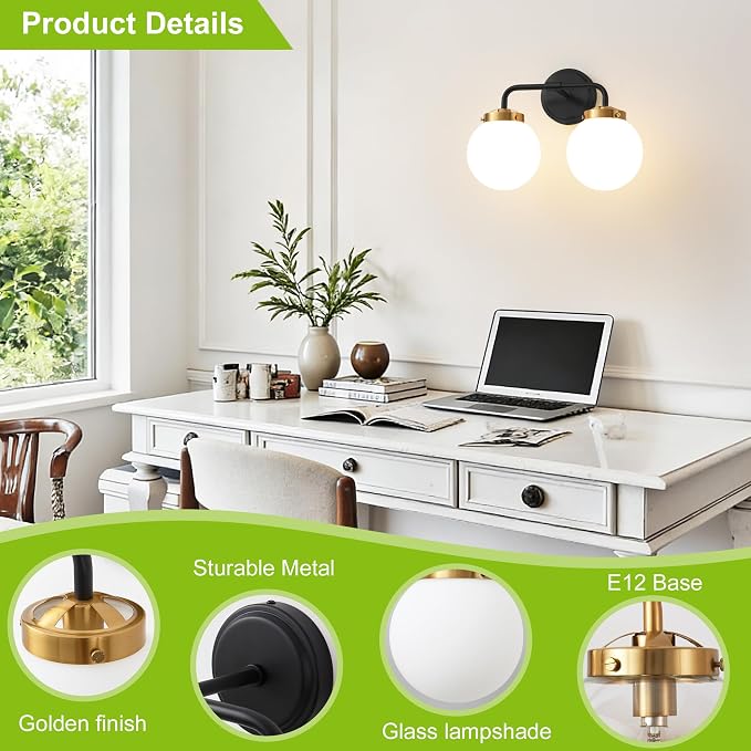 Black Gold Bathroom Light Fixtures Over Mirror, 14.17'' Vanity Lighting with Milk White Glass Globe Shades 2-Light Farmhouse Wall Sconce