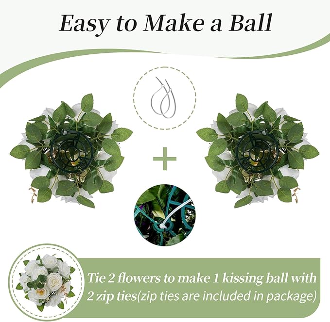 BLOSMON Artificial Flowers Ball Wedding Centerpieces 2 Pcs White Rose Artificial Flower Center Pieces Decoration for Table Silk Kissing Ball Faux Floral Bouquet Arrangements for Home Party DIY Decor