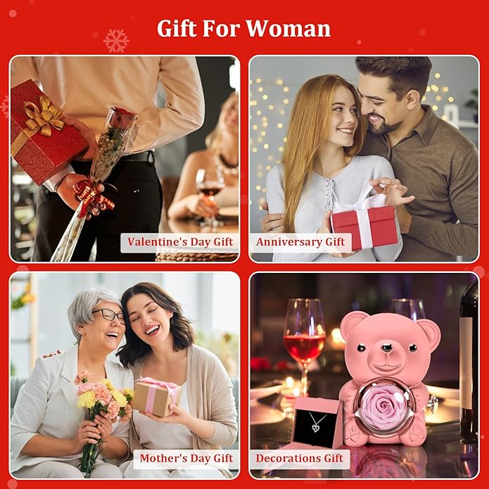HITOP Rose Gifts for Women - Cute Teddy Bear with Preserved Real Roses Forever Flowers and I Love You in 100 Languages Necklace for Girlfriend Her Wife Mom Grandma on Birthdays, Anniversaries