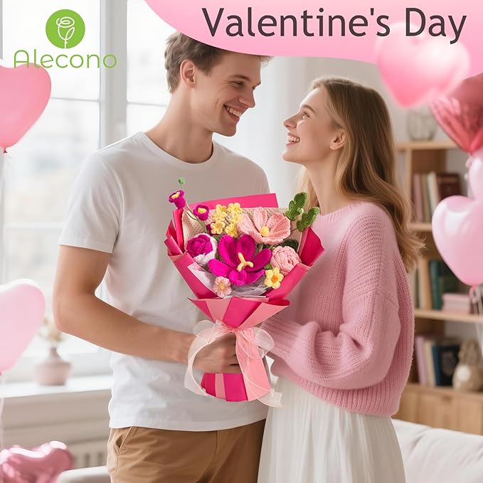 Alecono Crochet Flower Bouquet, Hot Pink Knitted Flowers, Crochet Tulips Flower for Lover Anniversary Birthday Party Mother's Day Graduation Gifts (Include Card)