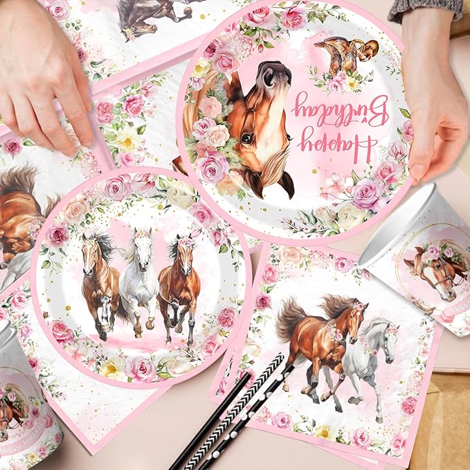 Horse Birthday Decorations for Girls,199pcs Cowgirl Birthday Party Decorations Horse Party Plates Napkins Cups Balloons Tablecloth Cake Toppers Honeycomb for Horse Party Decorations,Serve 24