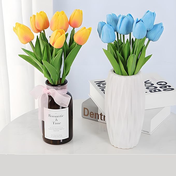 10 Pcs Blue Tulips Fake Artificial Flowers Real Touch 13" Silk Flower for Home Decor Wedding Bouquet Decorations Floral Arrangements