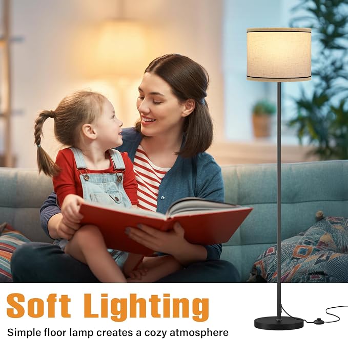 Ambimall 60'' Modern Floor Lamp with Shade, Tall Lamps for Living Room, Bedroom, Office, Dining Room, Beige Lampshade with Black Stripes(Without Bulb)
