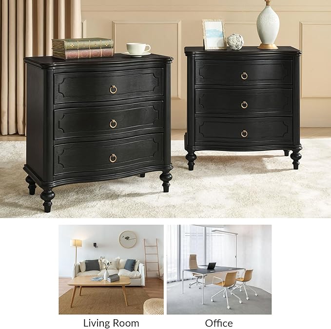 HULALA HOME Traditional Side Table with 3 Drawers, Tall Side Table with Curved Front Profle Desgin, Charging Station, Solid Wood Legs, Black