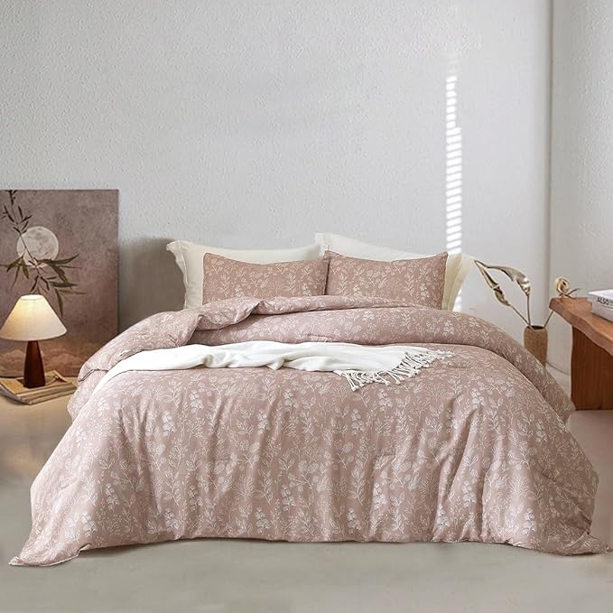 EAVD Vintage Style Garden Dust Pink Floral Duvet Cover King Soft Cotton Chic Cute Floral Bedding Set with 2 Pillowcases Reversible Botanical Duvet Cover with Zipper Closure