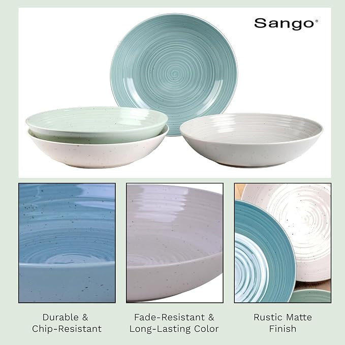 Sango Siterra Artist's Blend Stoneware Pasta Bowls (Set of 4) Multi Assorted Colors– Featuring Soft Gray, Blue, Green, and Ivory, for Everyday Dining & Entertainment, Microwave & Dishwasher Safe
