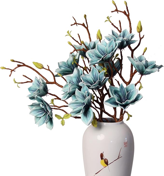 3pcs Artificial Magnolia Flower Branches, 31 Inch Long Stem Faux Floral, Premium Faux Bloom for Home Decor, Centerpieces, and Wedding Arrangements, Blue