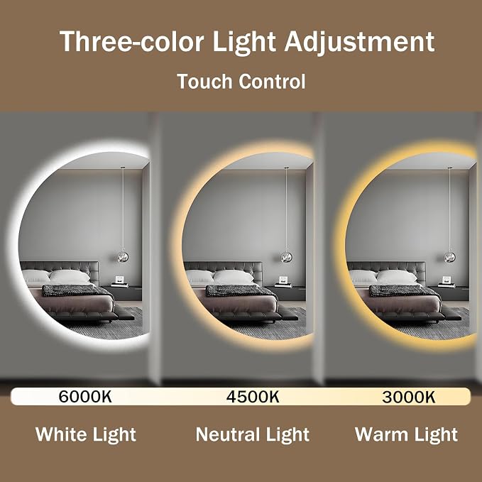 Modern Smart Anti-Fog Bathroom Mirror with Lights, Half Moon LED Wall Mirror, 3 Colors Dimmable Makeup Vanity Mirror, Large Frameless Decorative Mirror for Living Room(Right Cut,43"x30")