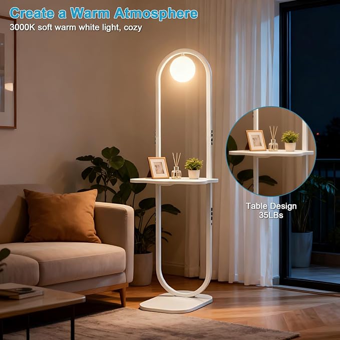 Lightdot 47-Inch Arch Floor Lamp, Modern Standing Lamp with Table, White Metal Frame with Globe Shade, Living Room Bedroom Lighting, G9 LED Bulb Included for Sofa Beside/Corner Decor