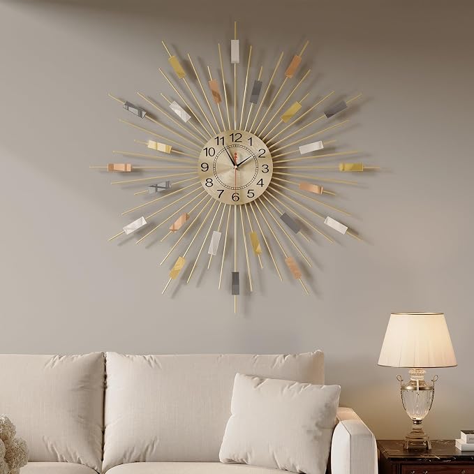 Cuspin Large Gold Wall Clock 30 Inch Clocks for Living Room Decor, Mid Century Modern Colorful Sunburst Design, Decorative Battery Operated Wall Clock for Dining Room, Bedroom, Office