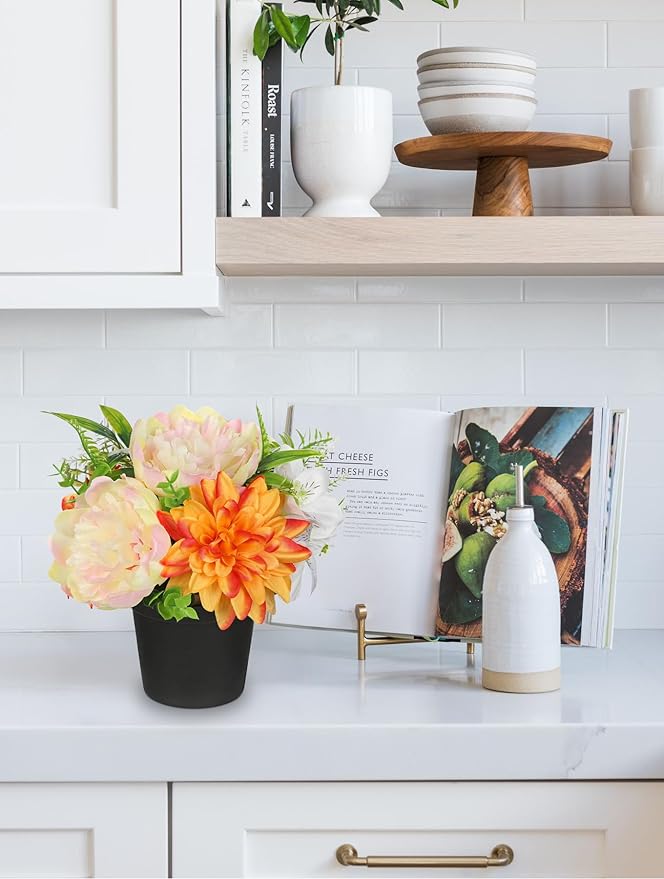 Yellow Artificial Flowers Small Fake Flowers in Vase Peonies Dahlia Tiger Lily Potted Silk Flower Arrangements Faux Plants & Flowers Home Bathroom Kitchen Table Centerpieces Desk Decor