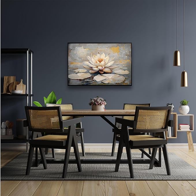 Ethereal white lotus floating on Crystal Waters poster vintage oil painting printwall art soft blush and gold accents serene home and office decor dreamy 24x36in Metal blackFramed