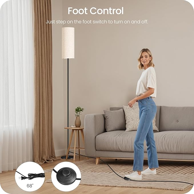 64.4” Slim Floor Lamp for Living Room with Magnetic Remote and Foot Switch, Dimmable Standing Tall Lamp Mood for Bedroom Nursery, 3 Color Temperatures, 1-Hour Timer,900LM Bulb Included,Beige E06LD05W1