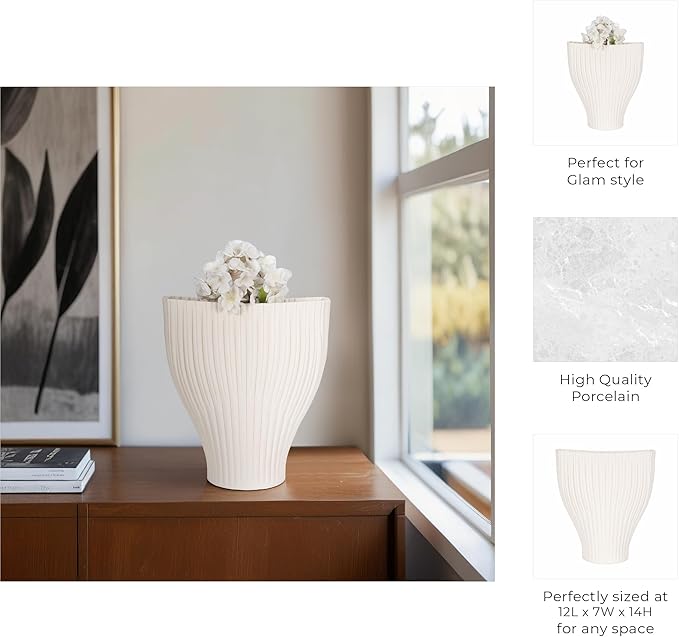 Ceramic Vase for Home Decor – Elegant Flower Vase for Living Room, Table Accent, or Bedroom Decor – 3D Printed Accent Piece for Office, Room, or House Styling – 14” Ivory