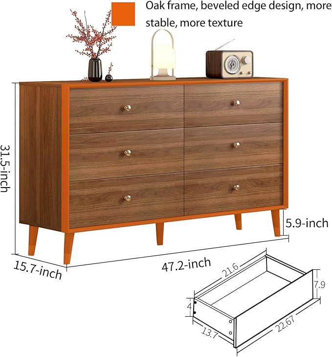 6-Drawer Dresser, Solid Wood Frame, Sturdy and Spacious Design, Modern Bedroom Storage Organizer, Multi-Functional Chest for Bedroom, Hallway, Living Room, or Office (Walnut Color, 47.2)