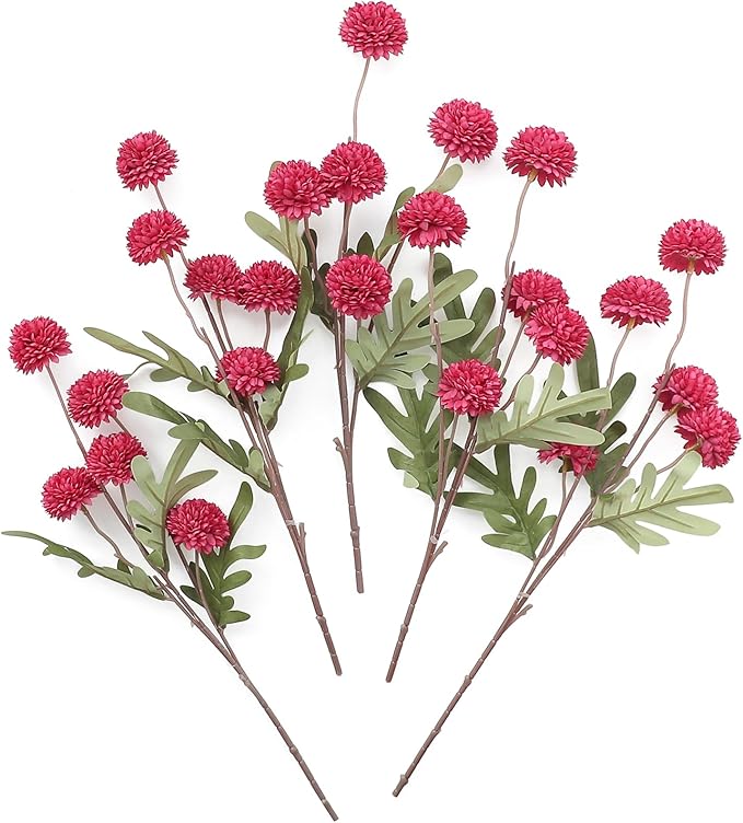 Floroom 5pcs Dark Pink Faux Silk Mums Artificial Flowers, Bulk Fake Small Mini Chrysanthemums with Stems for DIY Fuchsia Wedding Centerpieces Floral Arrangements Vase Fillers Home Decorations