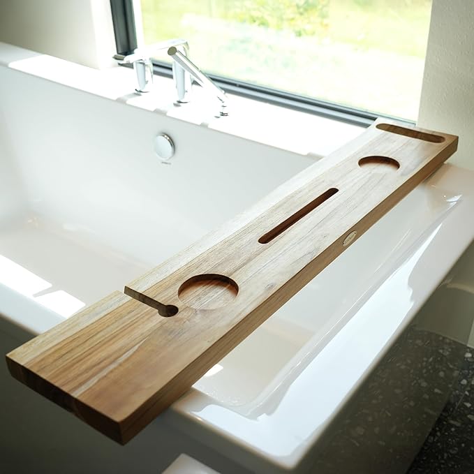 EcoDecors Eleganto 42" Live Edge Solid Teak Bath Caddy Tray with Handle, Book & Tablet Holder, Wine Glass Holders, Luxury Bathtub Tray
