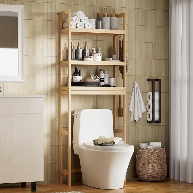 Over the Toilet Shelf, 3-Tier Over Toilet Storage Cabinet with Adjustable Shelves and 4 Hooks, Freestanding Wood Bathroom Organizer Space Saver for Small Bathrooms, Oak