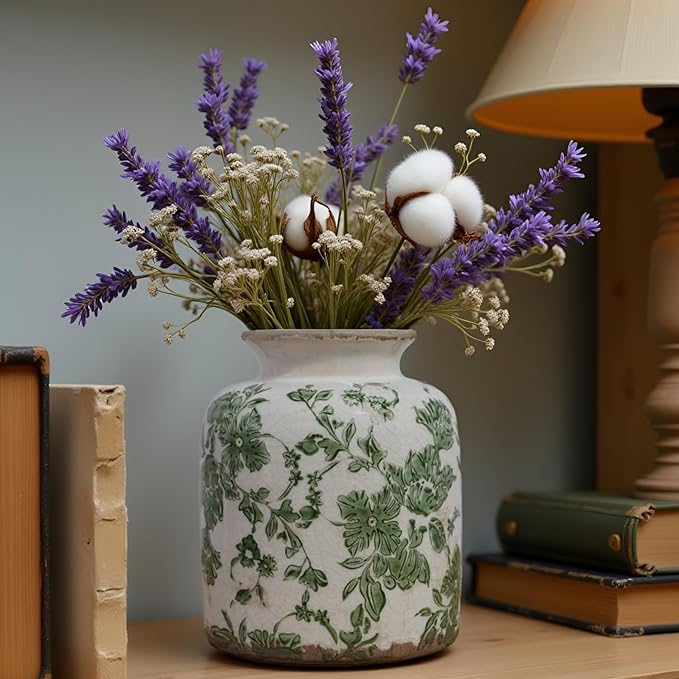 Vintage Green Crackle Glaze Ceramic Flower Vase, 6” Small Rustic Pottery-Style Decorative Vase with Distressed Beige Rim, Farmhouse Cottage Tabletop & Mantel Home Decor