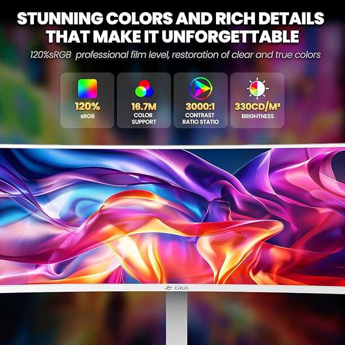 CRUA 49" White Curved Monitor | DQHD(5120 * 1440), 120Hz, 1500R, 32:9, AMD FreeSync, 120% sRGB, Height Adjustable Ultra-Wide Screen Computer Monitors, HDMI 2.1 & DP 1.4, Wall Mount Install