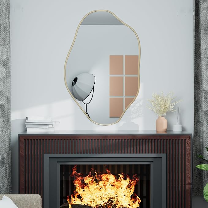 24"x36" Irregular Wall Mirror Cloud Asymmetrical Shaped Gold Aluminum Alloy Framed Mirror for Living Room Bathroom Bedroom Entryway Fireplace